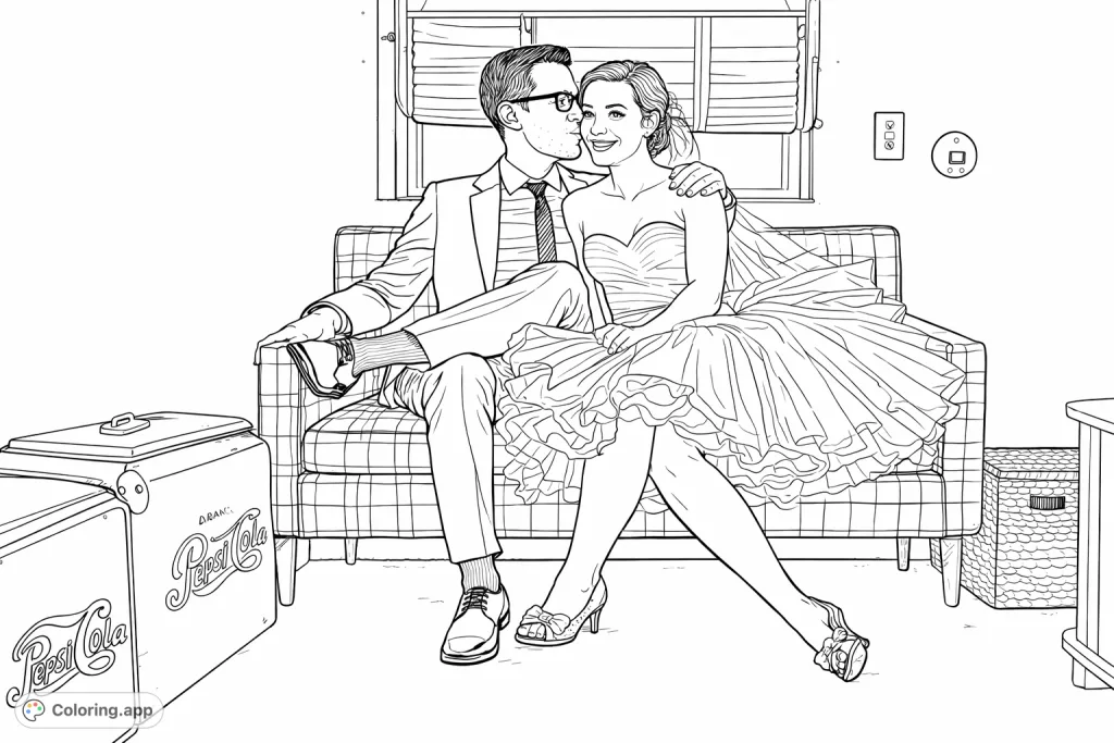 A charming retro couple shares a tender moment on a plaid sofa inside a vintage trailer, surrounded by nostalgic items. A delightful scene to color!