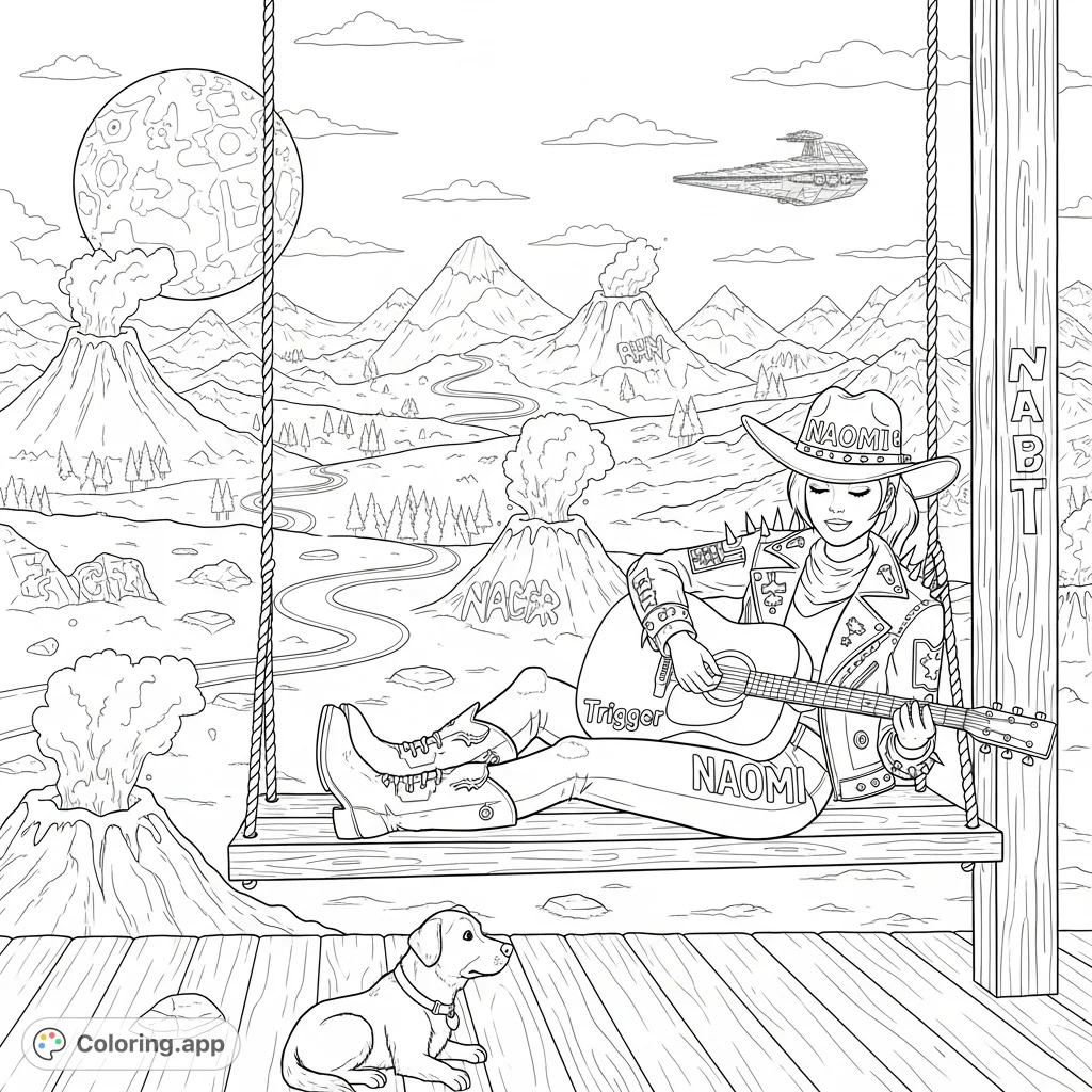 Discover Naomi strumming her guitar on a rustic porch swing on Saturn's rocky surface, accompanied by her dog and an Imperial Cruiser overhead. A cosmic scene blending music, pets, and sci-fi for your next coloring adventure!