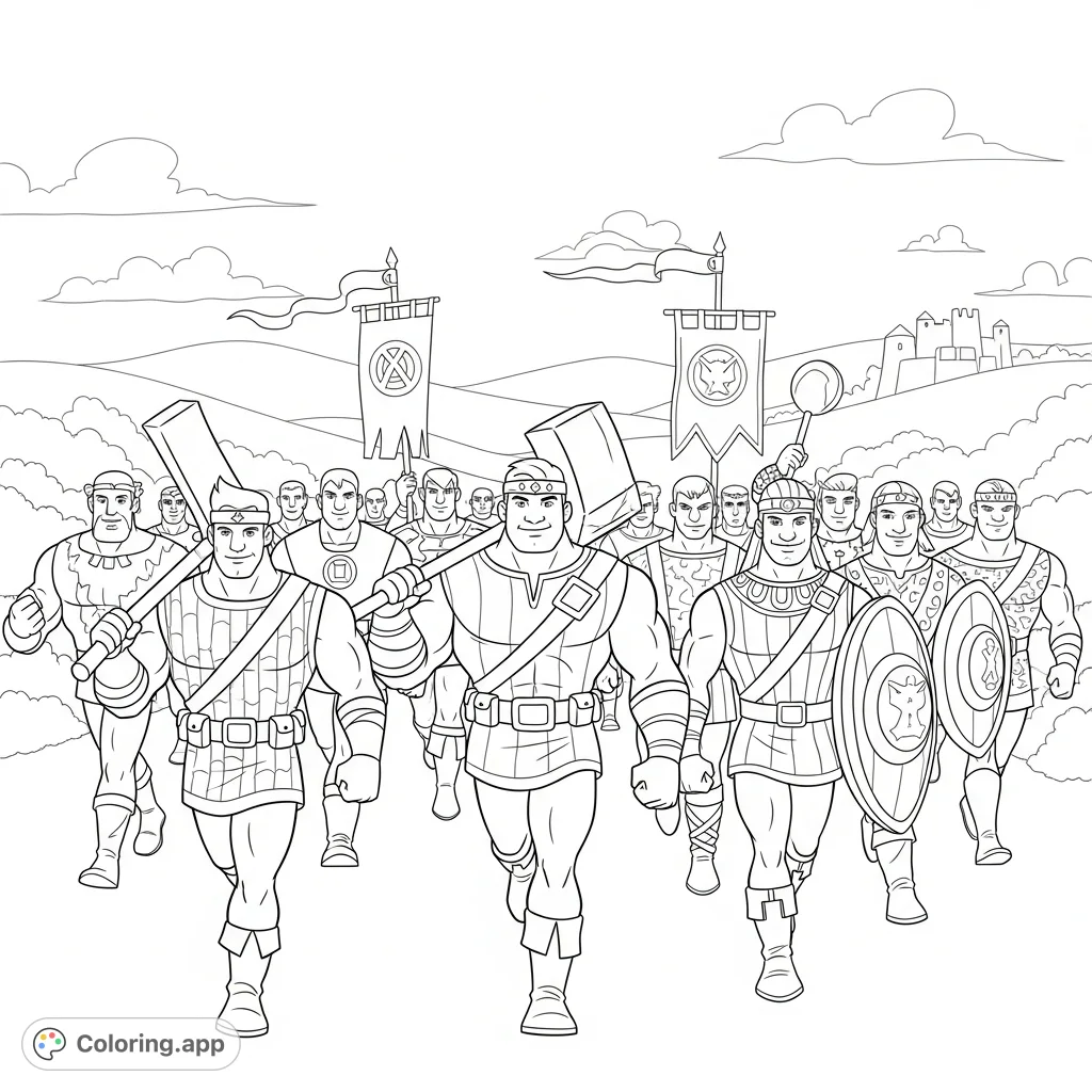 A heroic cartoon army of strong, friendly characters marches forward with determination. Unleash your creativity on this dynamic, free printable coloring page for all ages.