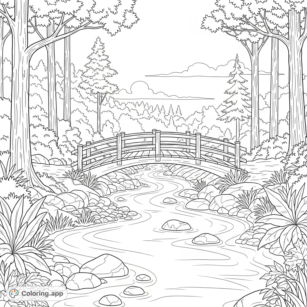 A beautiful forest river scene with a wooden bridge, inviting you to explore nature's tranquility. A free printable nature scene coloring page for adults.