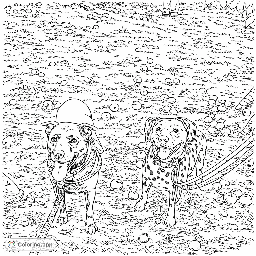 Two cheerful dogs explore a vibrant orchard filled with scattered fruits. This delightful coloring page is perfect for pet lovers and nature enthusiasts.