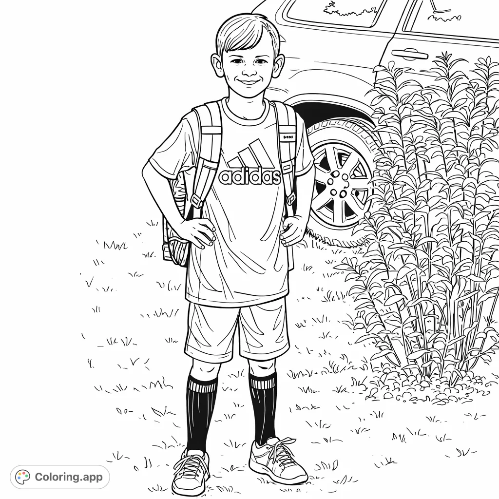 A happy boy with his backpack, standing outdoors near a vehicle and plants. A perfect free printable boy coloring page for kids and young adventurers.