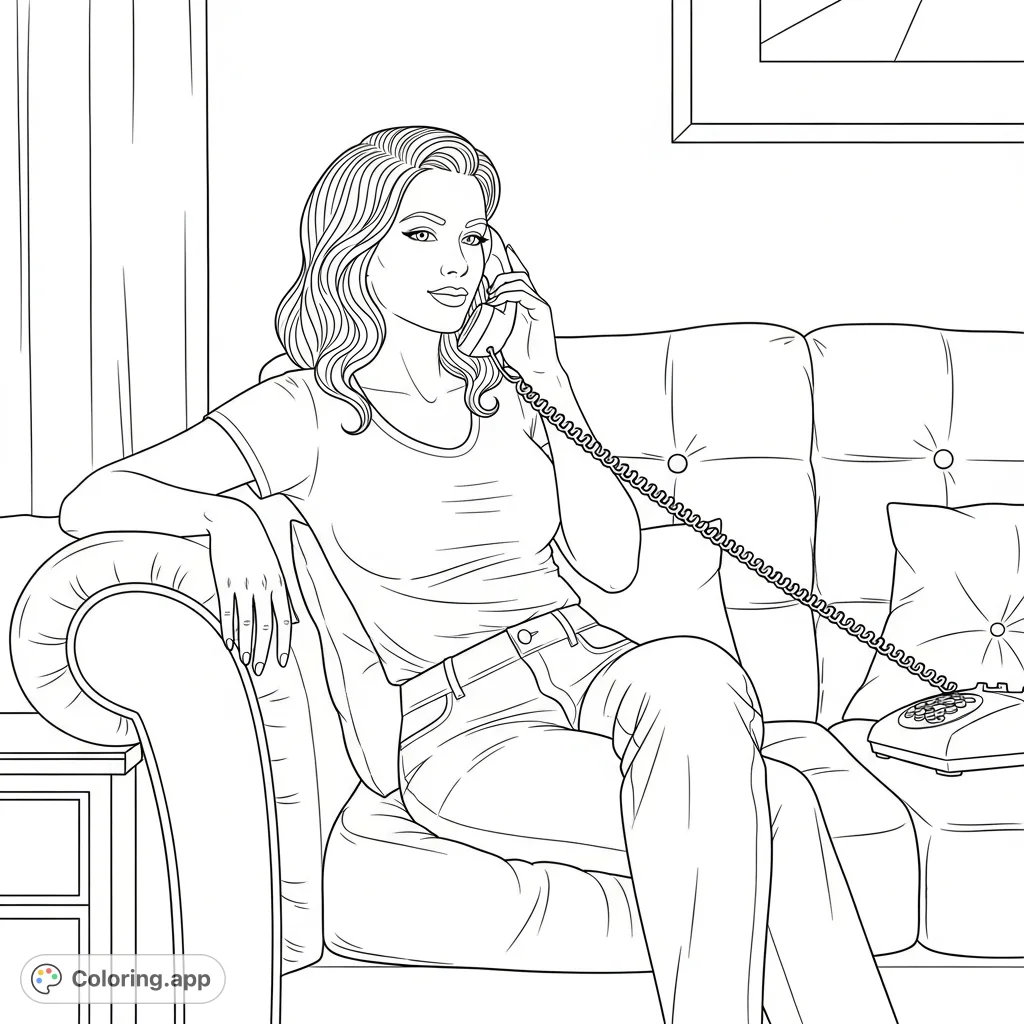 A curvy girl on a plush love seat, engaged in a phone call with a classic landline. Perfect for teens and adults seeking a nostalgic or serene coloring experience.