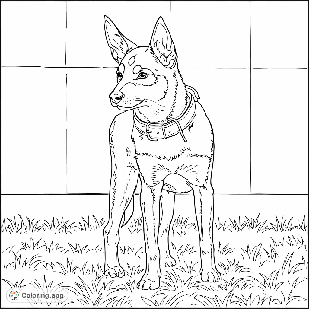 A charming dog with pointed ears and a collar stands attentively in a grassy setting. Perfect for a simple dog coloring page, capturing its curious stance.