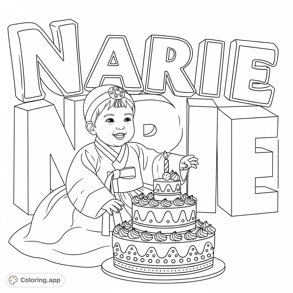 A delightful coloring page featuring a baby girl in a traditional hanbok, celebrating her birthday with a multi-tiered cake and her name "Narie" as a backdrop.