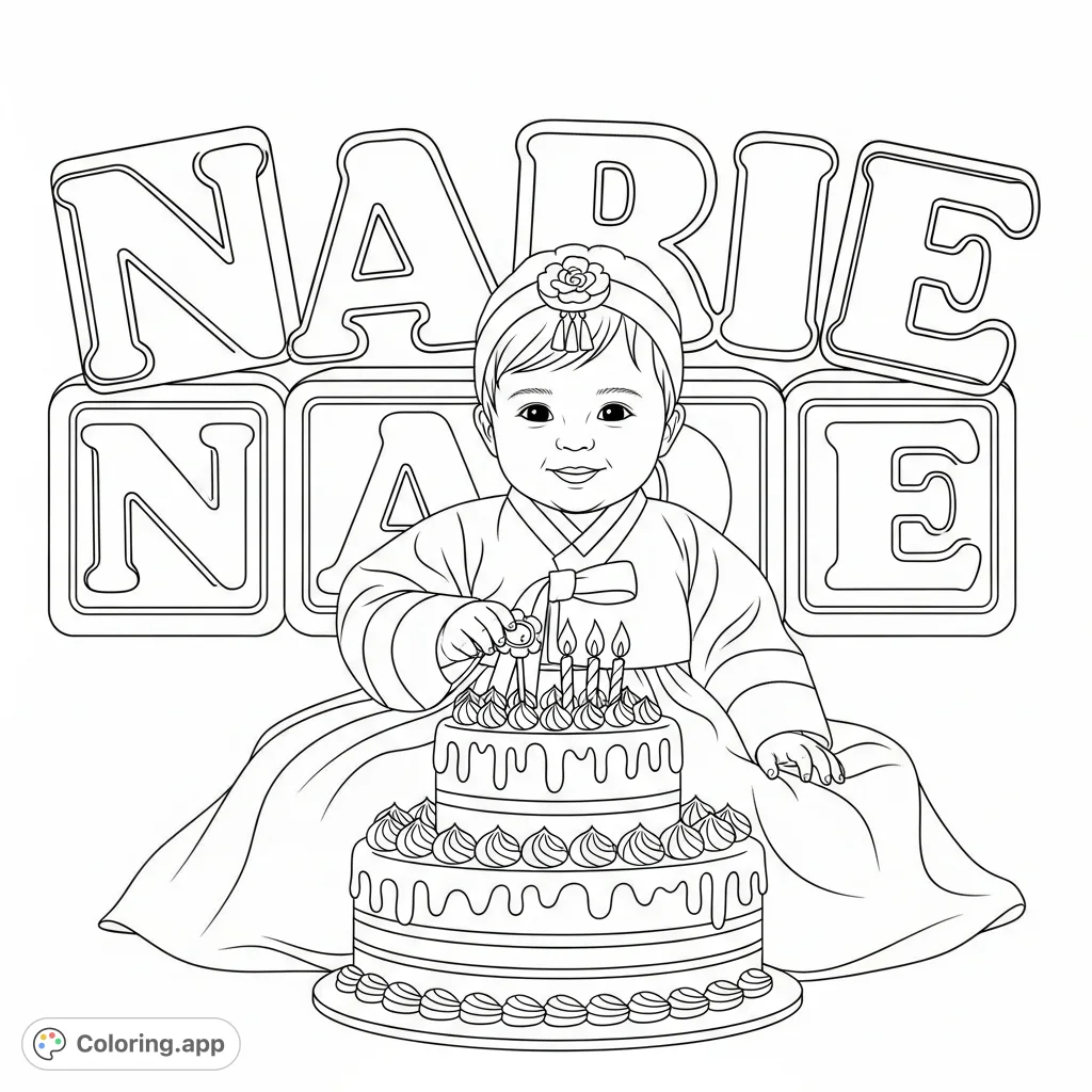 A charming baby girl in a traditional hanbok celebrates her birthday with a grand cake and her name "Narie" as a festive backdrop. A delightful scene for coloring.