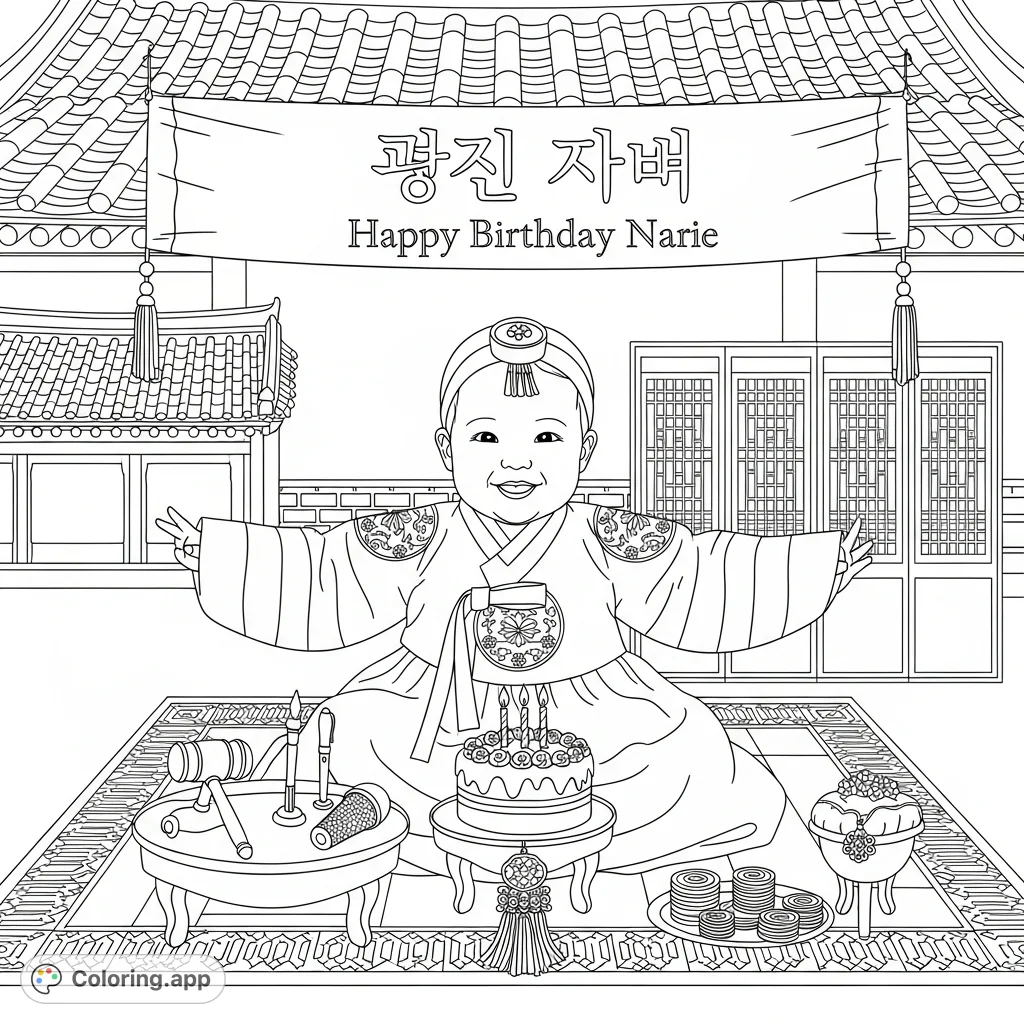 Capture the joy of Narie's first birthday! This Korean Doljabi coloring page features a baby in a traditional hanbok, birthday cake, and symbolic ceremony items.
