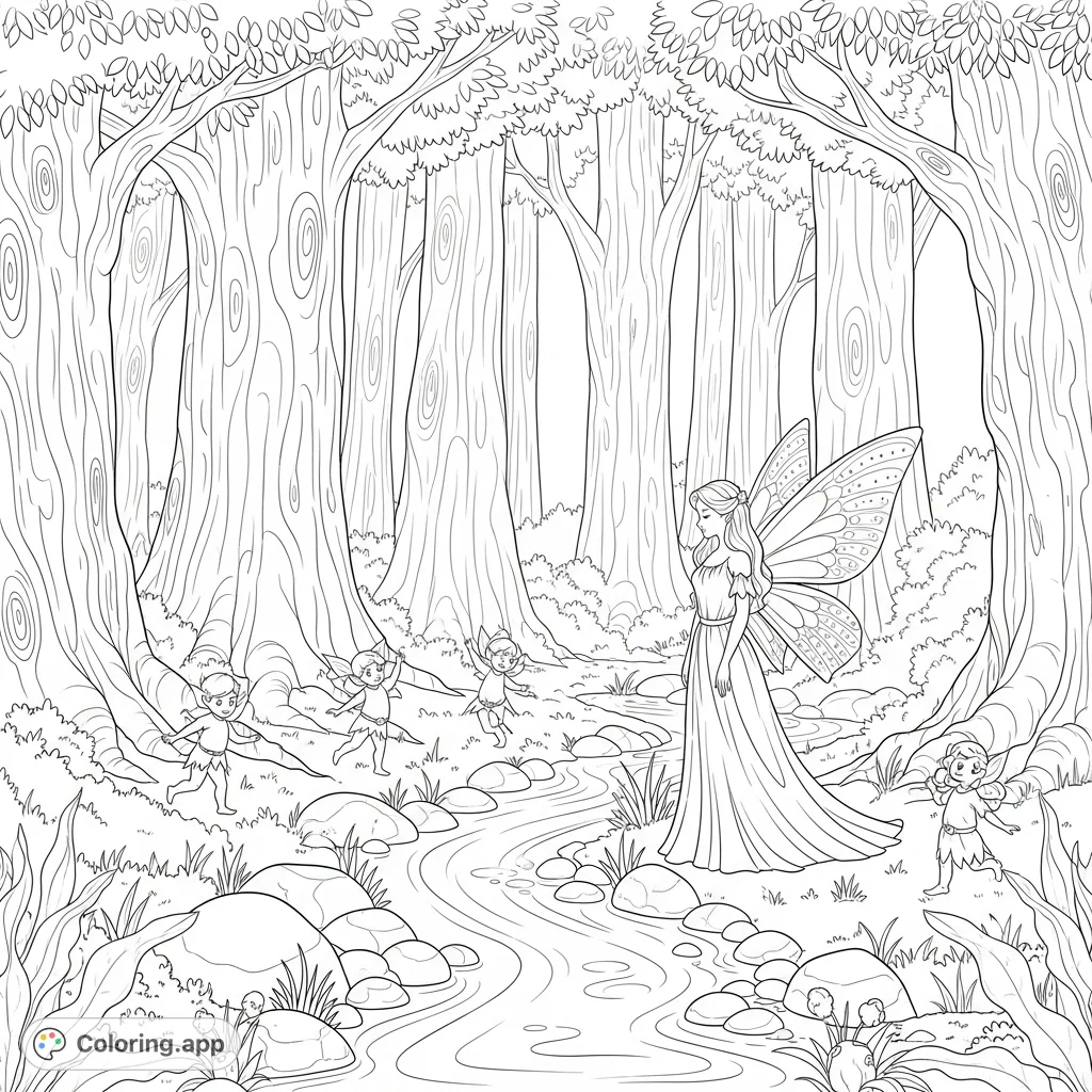 A magical fairy and playful forest sprites gather by a serene whispering stream in an enchanted forest. Perfect for fantasy lovers to bring to life with vibrant hues.