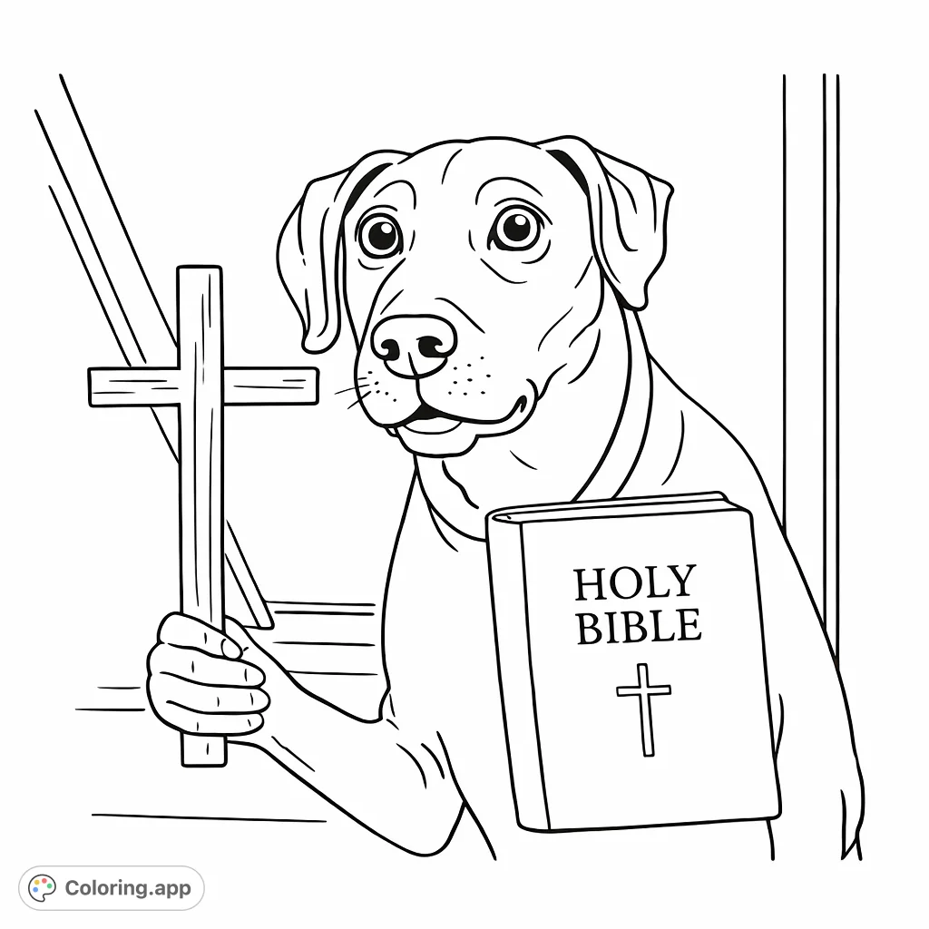 A dog holds a cross and a 'Holy Bible' with a wide-eyed, earnest expression. A unique and thoughtful scene for reflection and creative coloring.