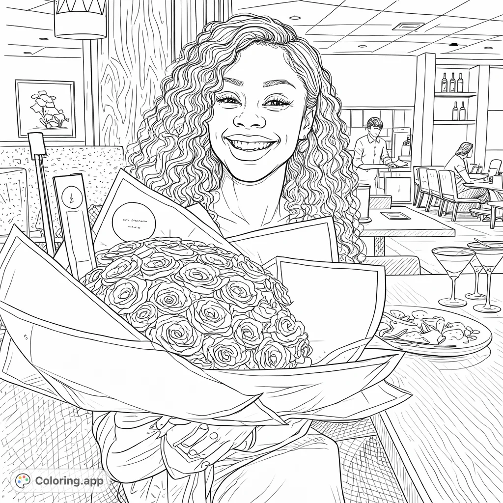 Capture a joyful woman with a magnificent rose bouquet in a restaurant setting. This detailed celebration coloring page offers intricate floral and background elements.