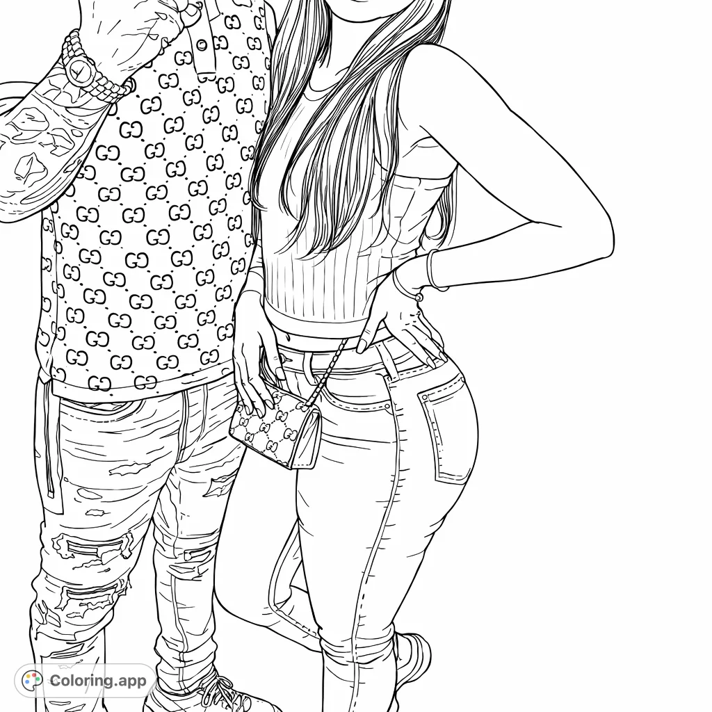 Explore a modern fashion scene featuring a stylish duo in detailed patterned and distressed clothing. Perfect for fashion enthusiasts and urban-themed designs.