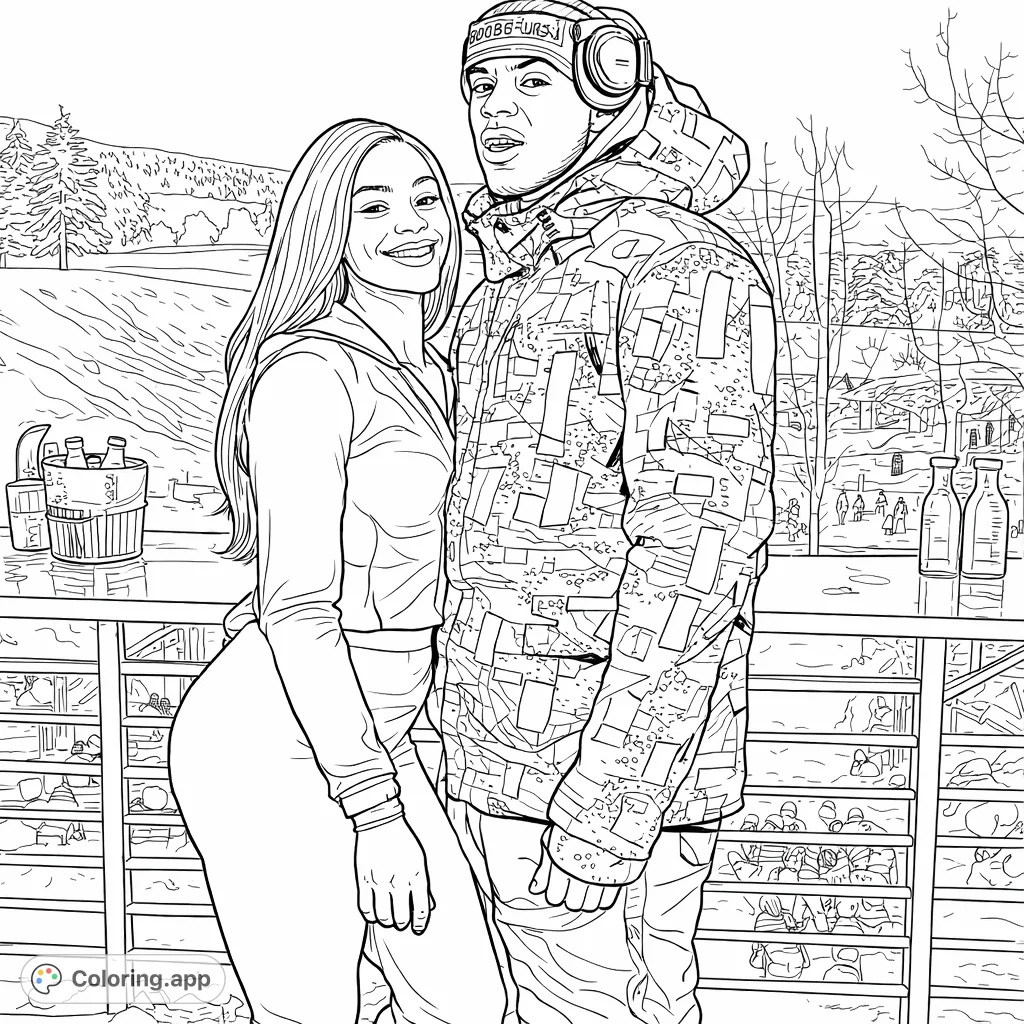 A trendy duo enjoys a snowy mountain resort view from a stylish balcony. Perfect for winter sports enthusiasts and fashion-forward colorists.