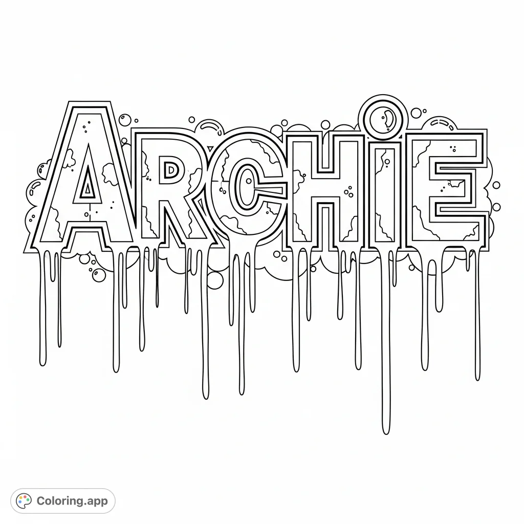 A dynamic Archie graffiti coloring page featuring bold, interconnected block letters with elongated drips, abstract splatters, and bubble shapes. Energetic design.