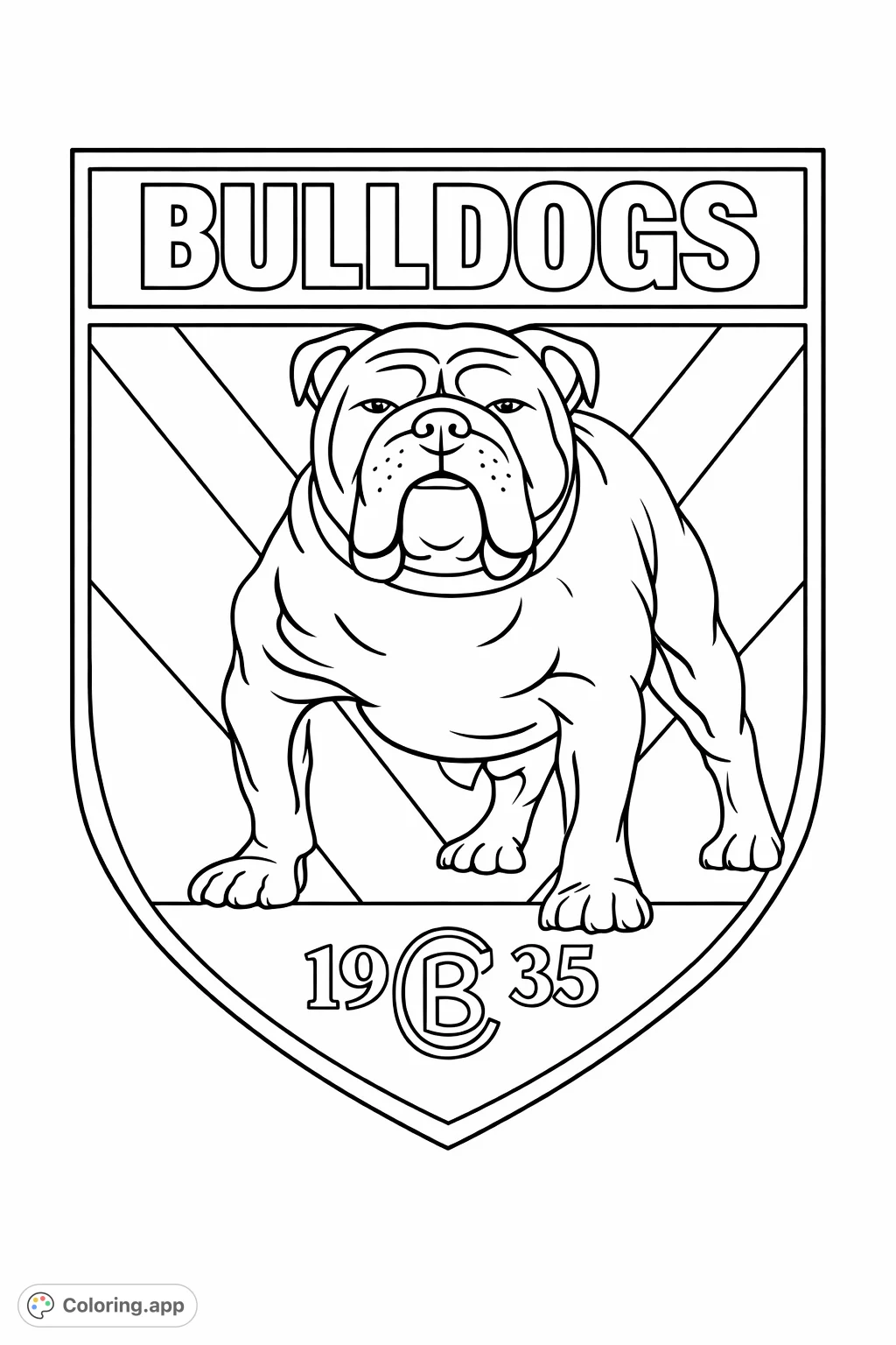 A robust bulldog emblem with a proud stance, set within a classic shield, perfect for showcasing strength and team spirit. Features bold text and an intricate background pattern.