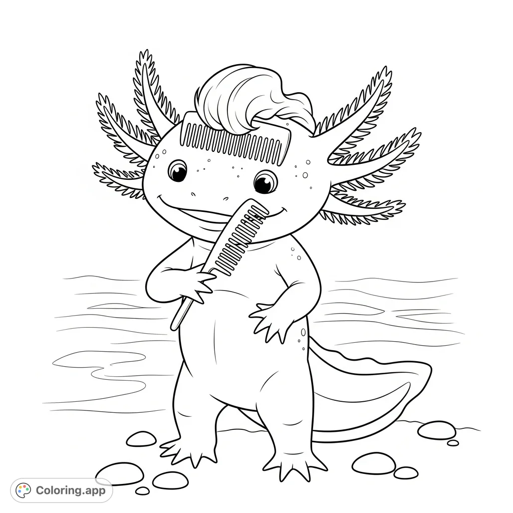 A charming axolotl takes a moment for self-care, meticulously combing its whimsical hair. This delightful axolotl coloring page promises fun for all ages.