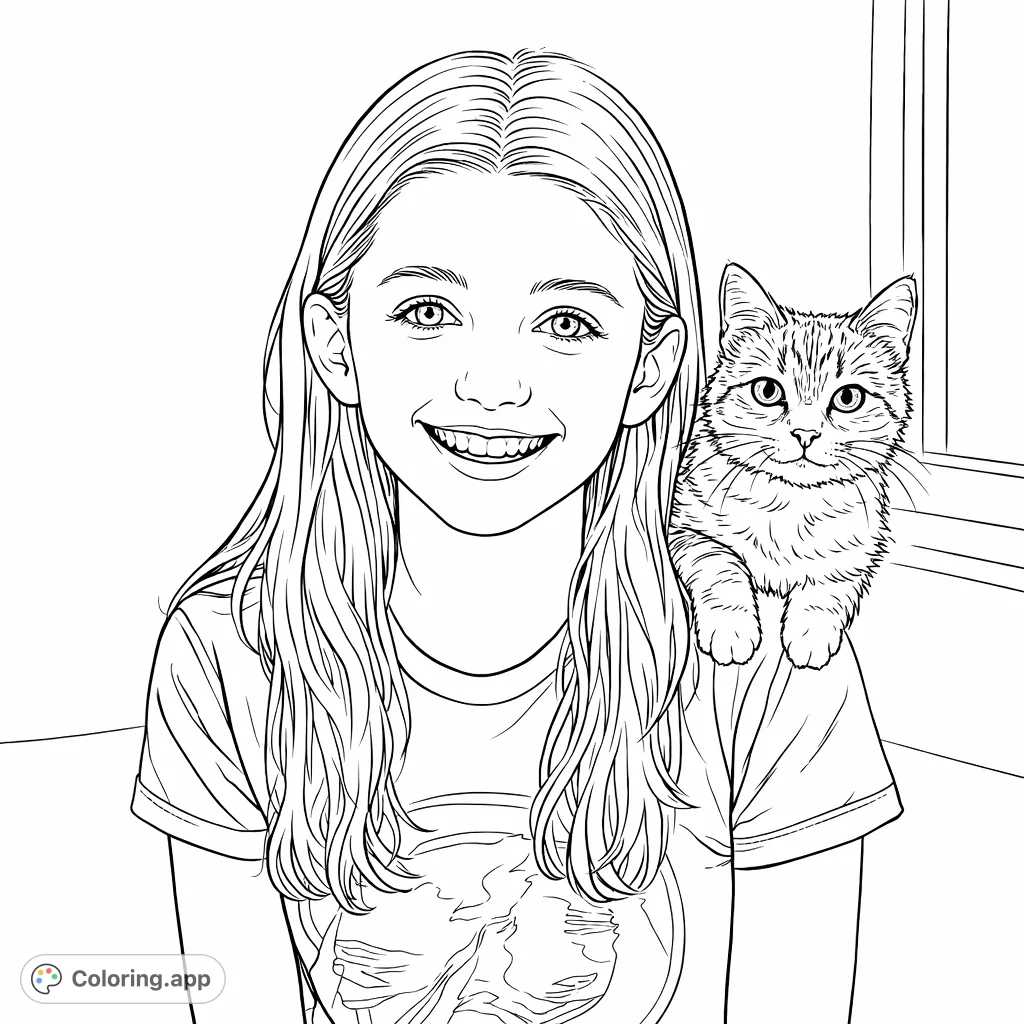 A cheerful girl with long hair smiles alongside her striped feline companion resting on her shoulder. A heartwarming scene of friendship and comfort.