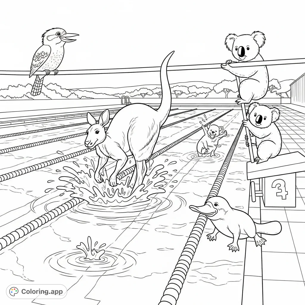 Join a lively pool party with Australian native animals like kangaroos, kookaburras, and koalas splashing and playing in a lap swimming pool with dive blocks.