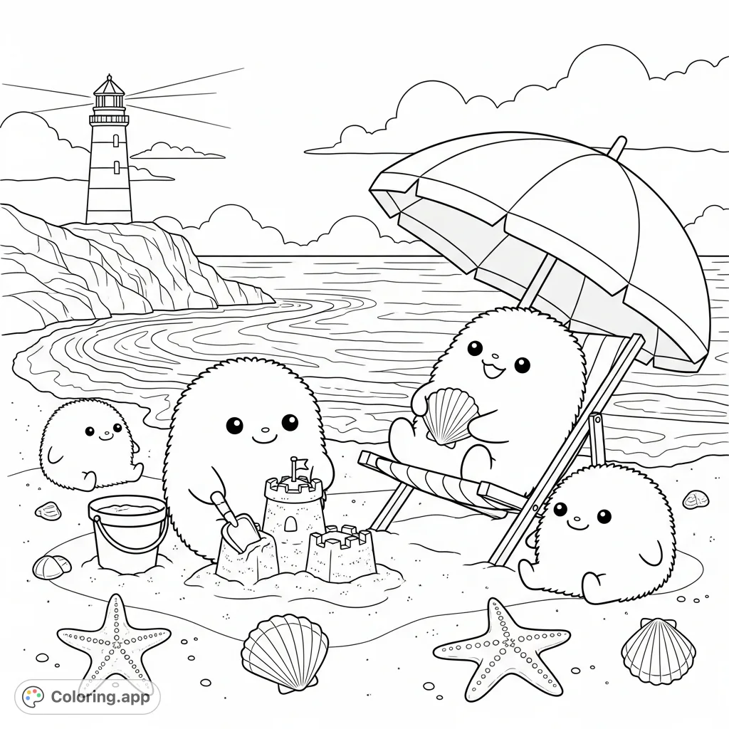 Join adorable fuzzy friends for a cozy day at the beach, building sandcastles and collecting shells. A charming seaside scene for relaxation and creative expression.