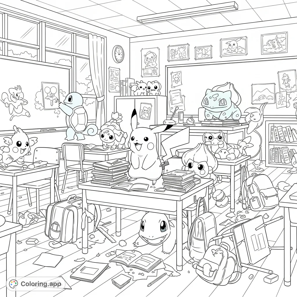 Join Pikachu, Squirtle, Charmander, and Bulbasaur in a delightfully chaotic classroom! A fun Pokemon coloring page for all fans.