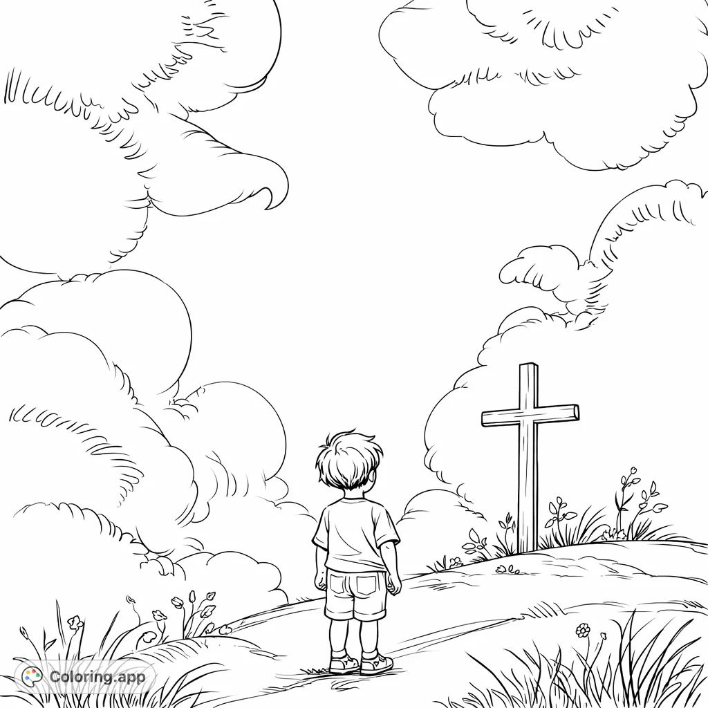 A contemplative scene featuring a young boy looking up at a cross on a hill, surrounded by soft, flowing shapes. Perfect for spiritual reflection.