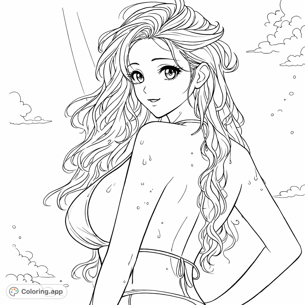 Capture a radiant summer moment with this detailed portrait of a woman, featuring flowing hair, delicate water droplets, and a luminous background.