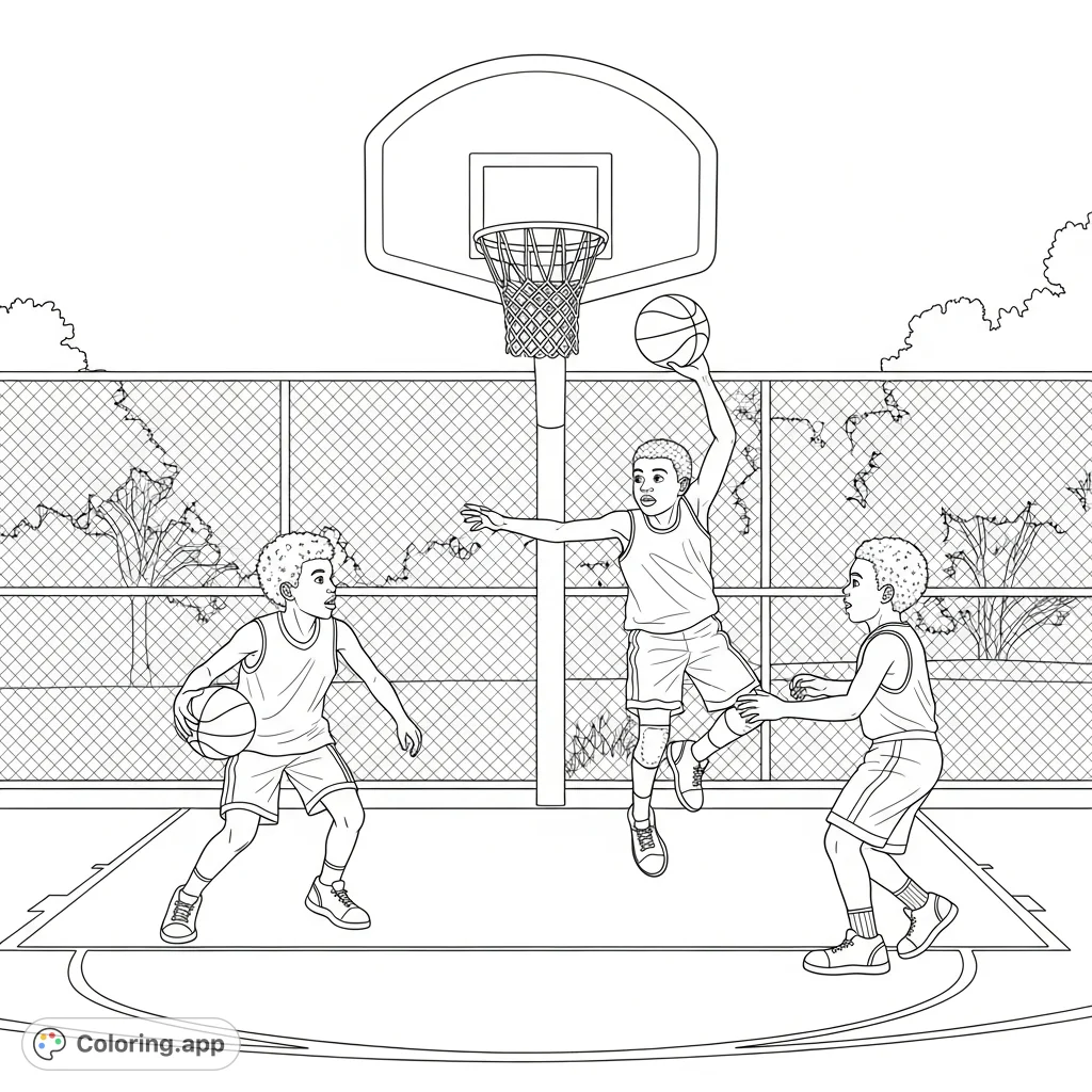 An engaging coloring page featuring African-American children enjoying a dynamic game of basketball on an outdoor court, full of action and team spirit.