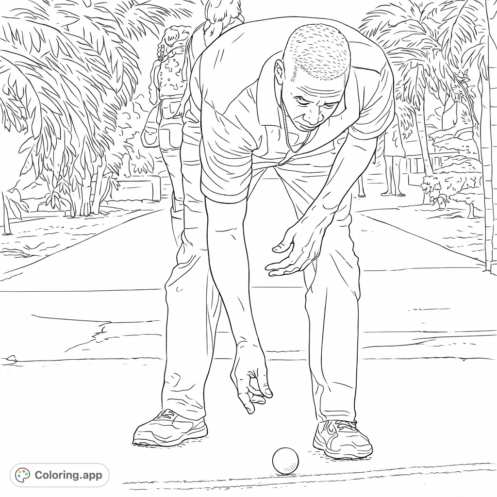 A man bends to pick up a small ball, set against a backdrop of tropical foliage. A dynamic scene perfect for sports enthusiasts and active themes.