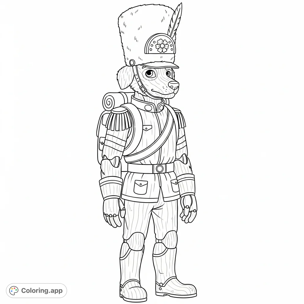 Meet Alistair, the noble wooden foot-soldier dog in his detailed uniform and grand bearskin hat. A charming, free printable coloring page for all ages!