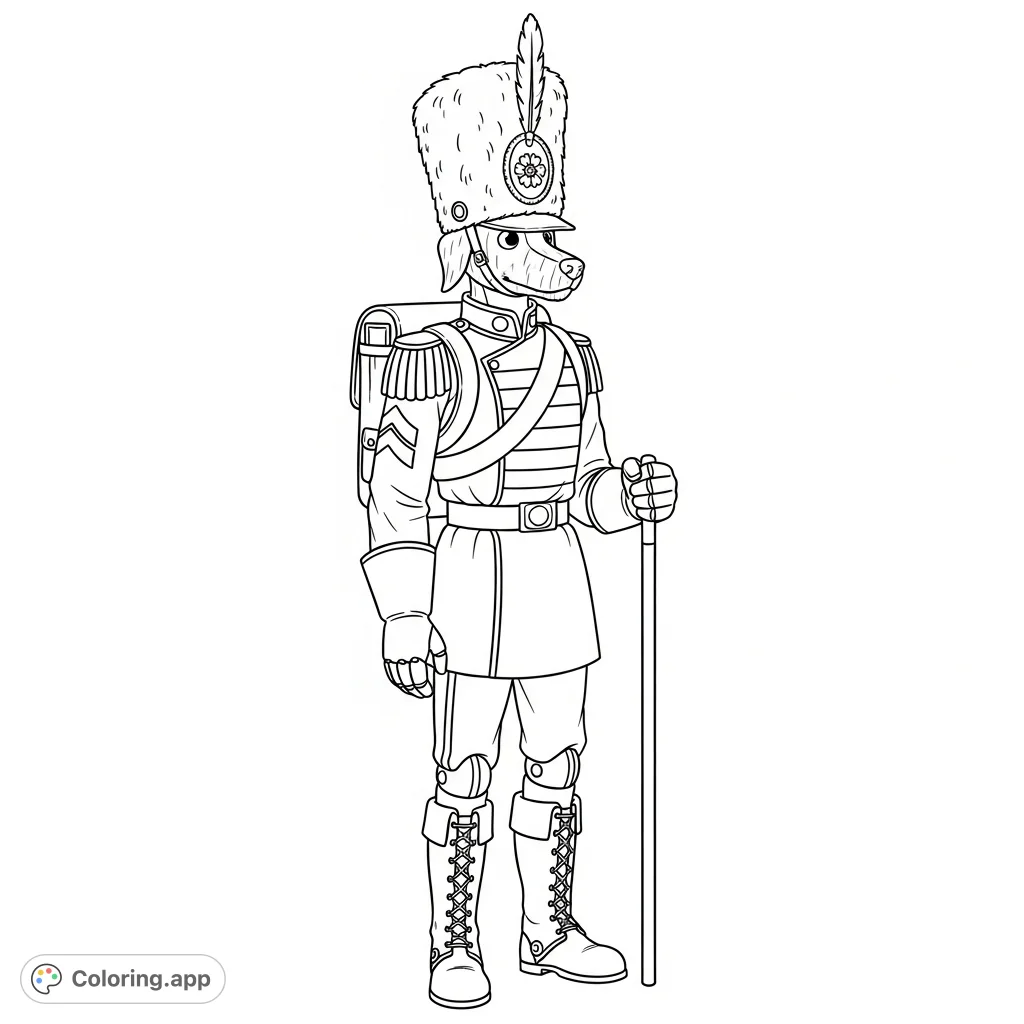 Color a detailed Alistair, a wooden dog foot-soldier in a grand uniform, complete with a bearskin hat and staff. Perfect for character enthusiasts!