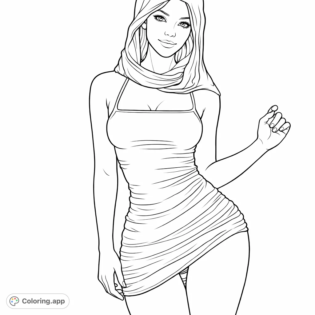A captivating coloring page featuring an elegant woman in a stylish hooded garment and a fitted dress. Her serene expression invites artistic interpretation and personalization.