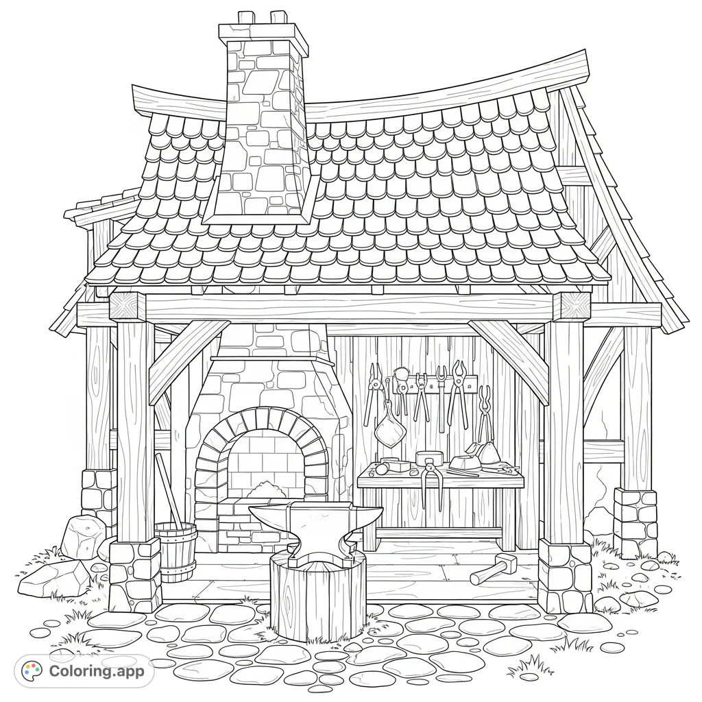 Step back in time with this detailed medieval smithy coloring page, featuring a rustic forge, anvil, workbench, and textured architecture for creative expression.