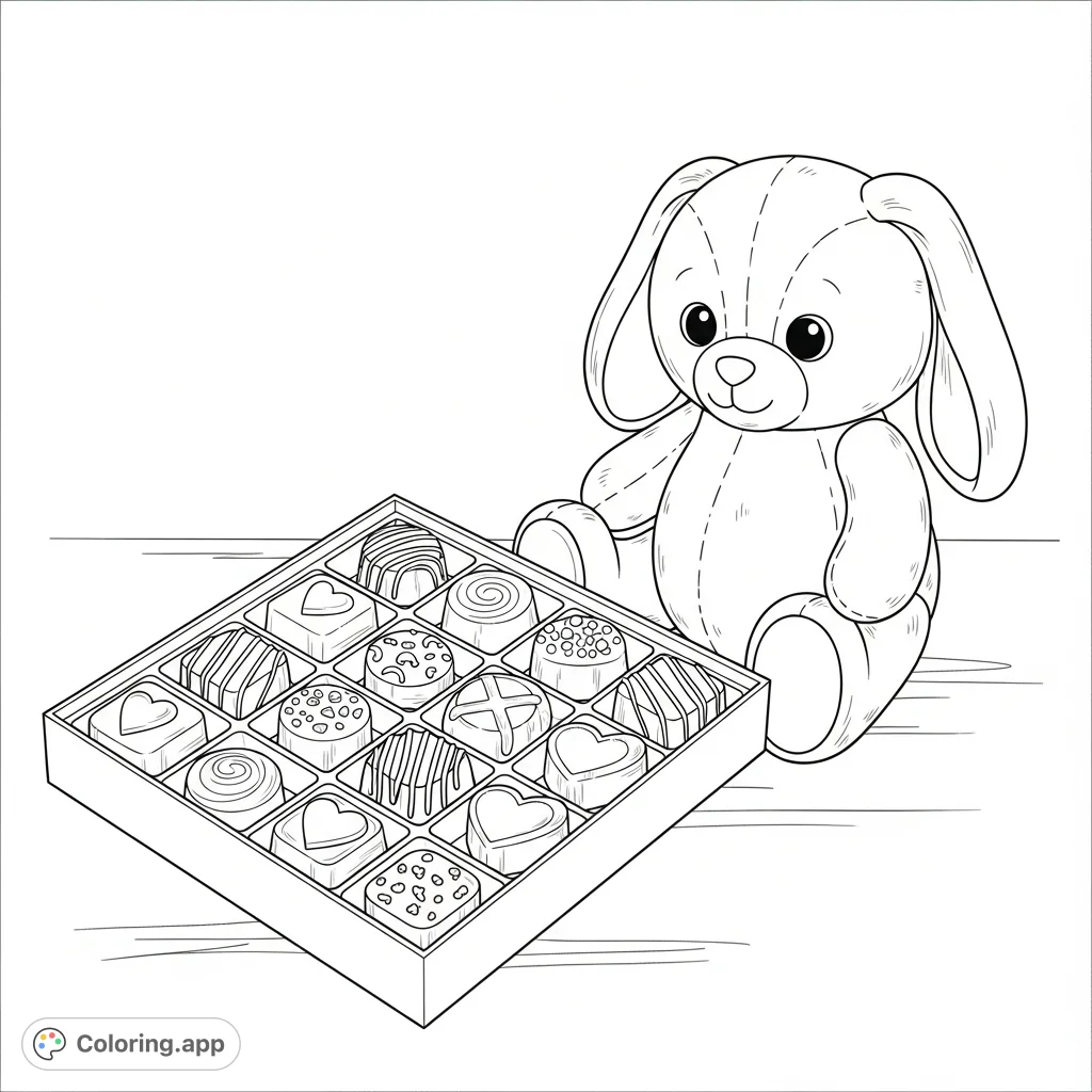 A heartwarming Valentine's Day scene with a box of assorted chocolates and a cuddly stuffed animal, perfect for a free printable coloring page.