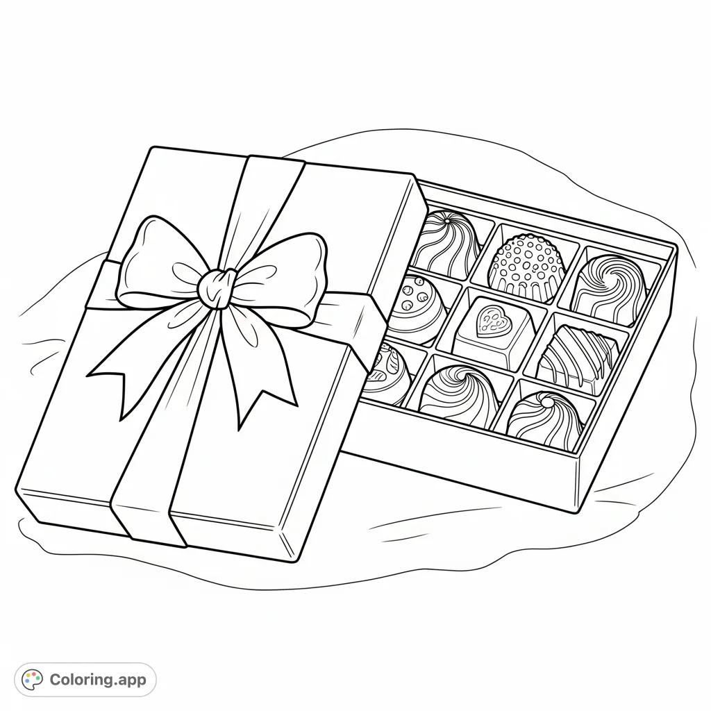 Discover a delightful Valentine's Day coloring page featuring a beautifully wrapped chocolate box. Perfect for expressing love through art.