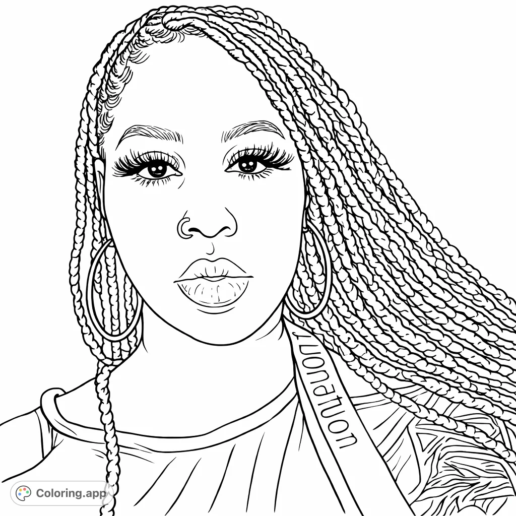 A striking portrait of a woman with intricate dreadlocks, long eyelashes, and stylish accessories, perfect for detailed coloring.