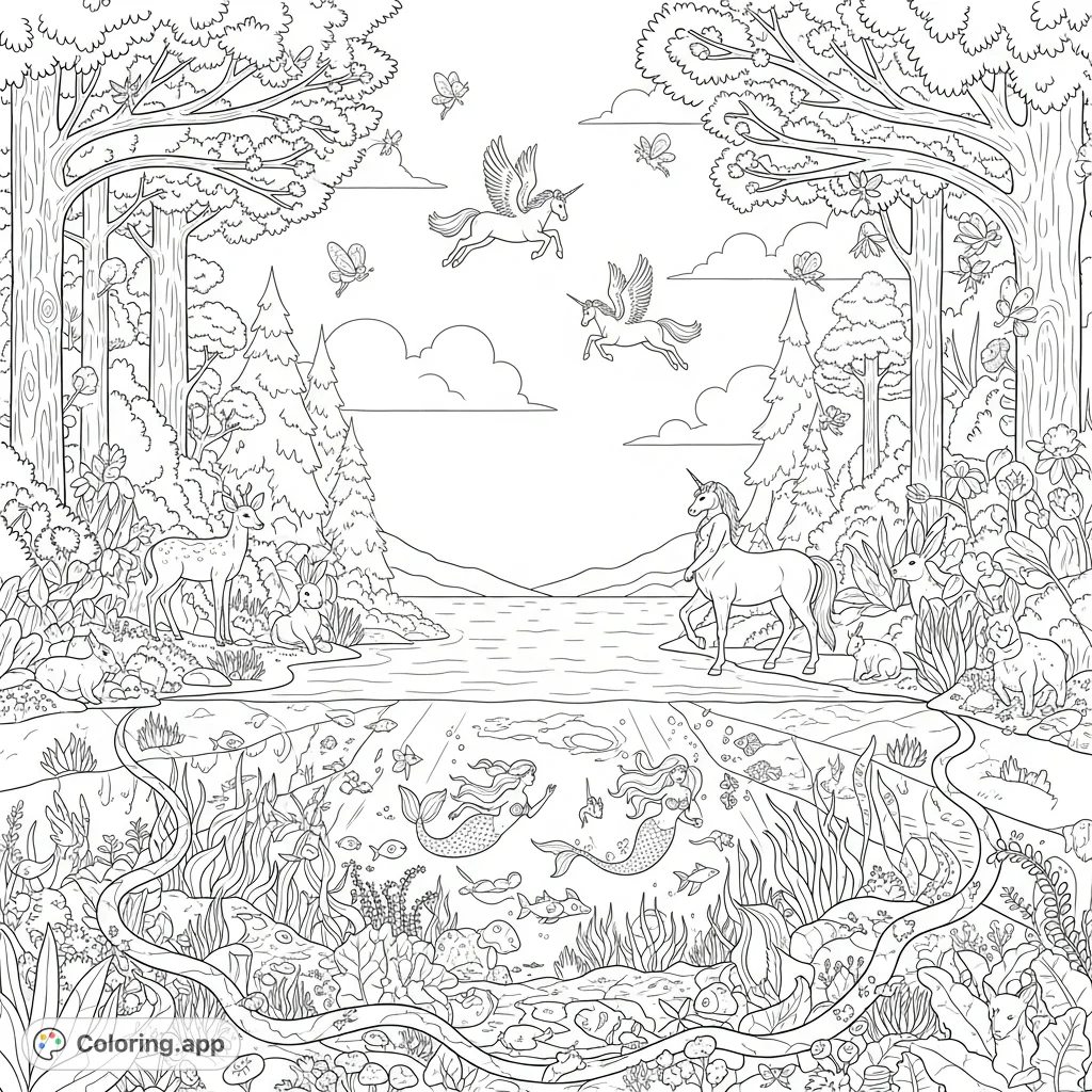 Explore a mystical fantasy lake teeming with mermaids, unicorns, centaurs, and fairies. Discover enchanting underwater life and lush landscapes in this magical scene.