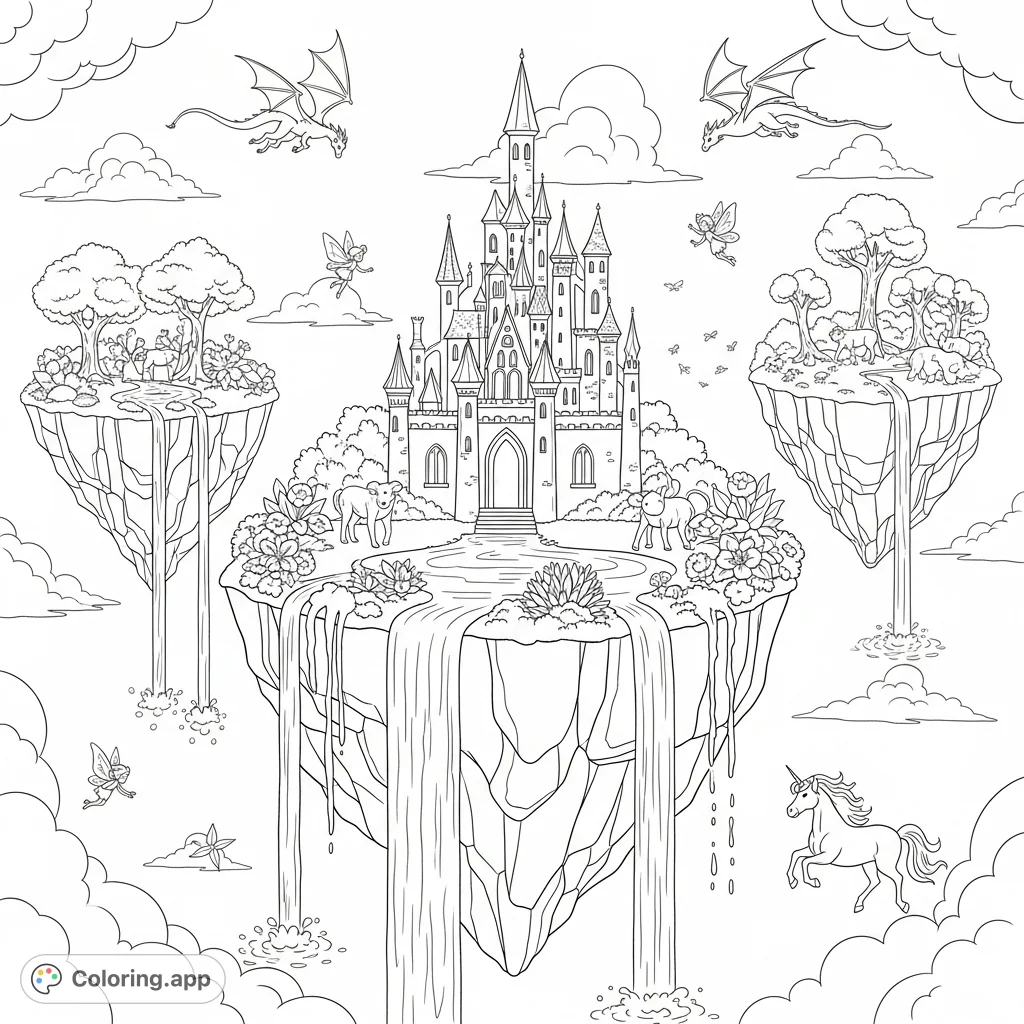 Explore a magical world of floating islands, a grand castle, soaring dragons, graceful fairies, and majestic unicorns. A captivating fantasy scene for all ages.