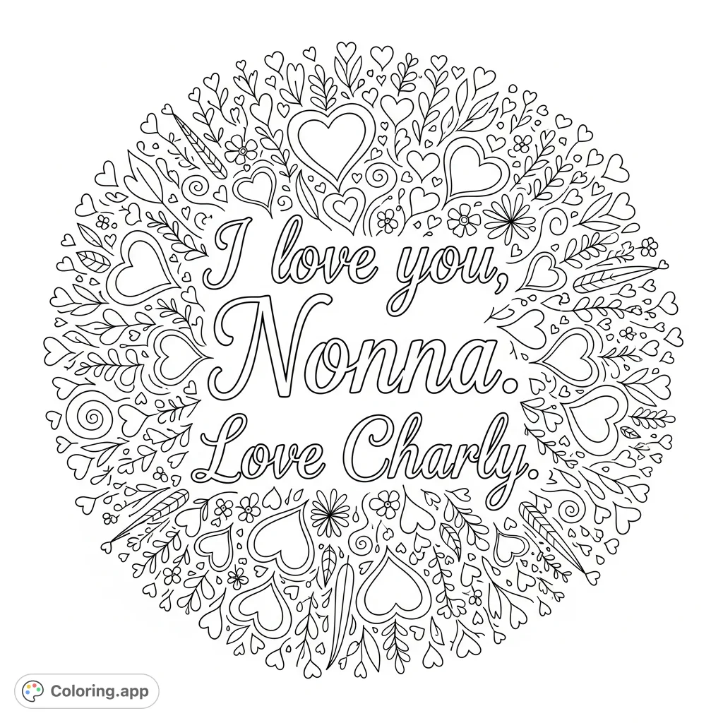 A beautiful "I love you, Nonna. " message surrounded by charming hearts, stars, and floral doodles.