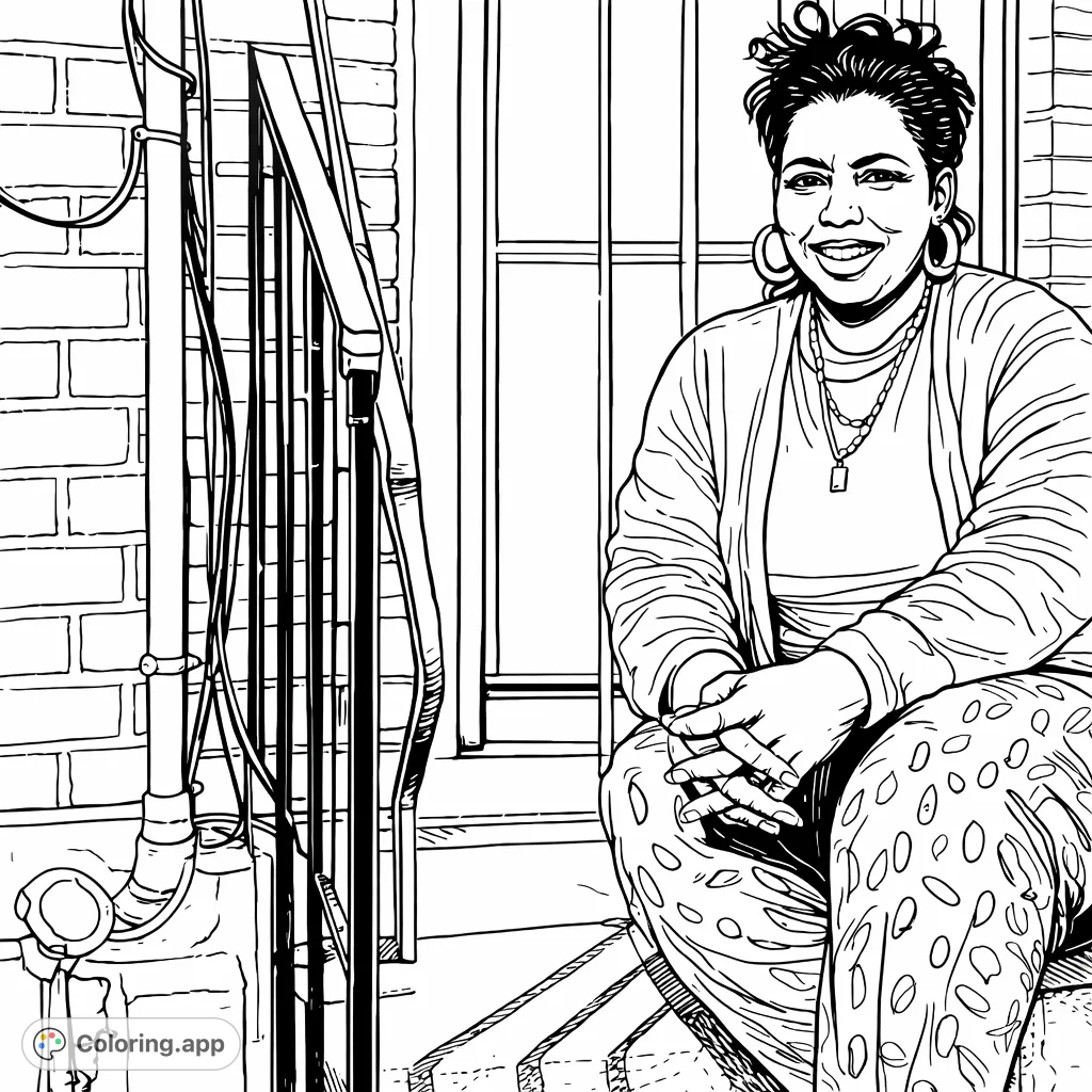 Capture a moment of warmth and detail with this portrait of a smiling individual seated outdoors. Featuring intricate patterns and architectural elements, it offers a rich coloring experience.