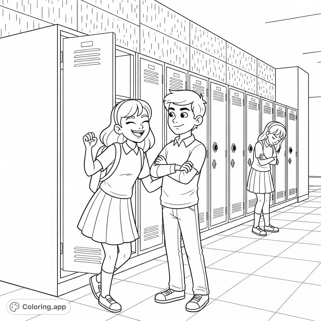 A dramatic scene unfolding in a school hallway, capturing a moment of social intrigue and emotional impact. Explore themes of friendship and trust.