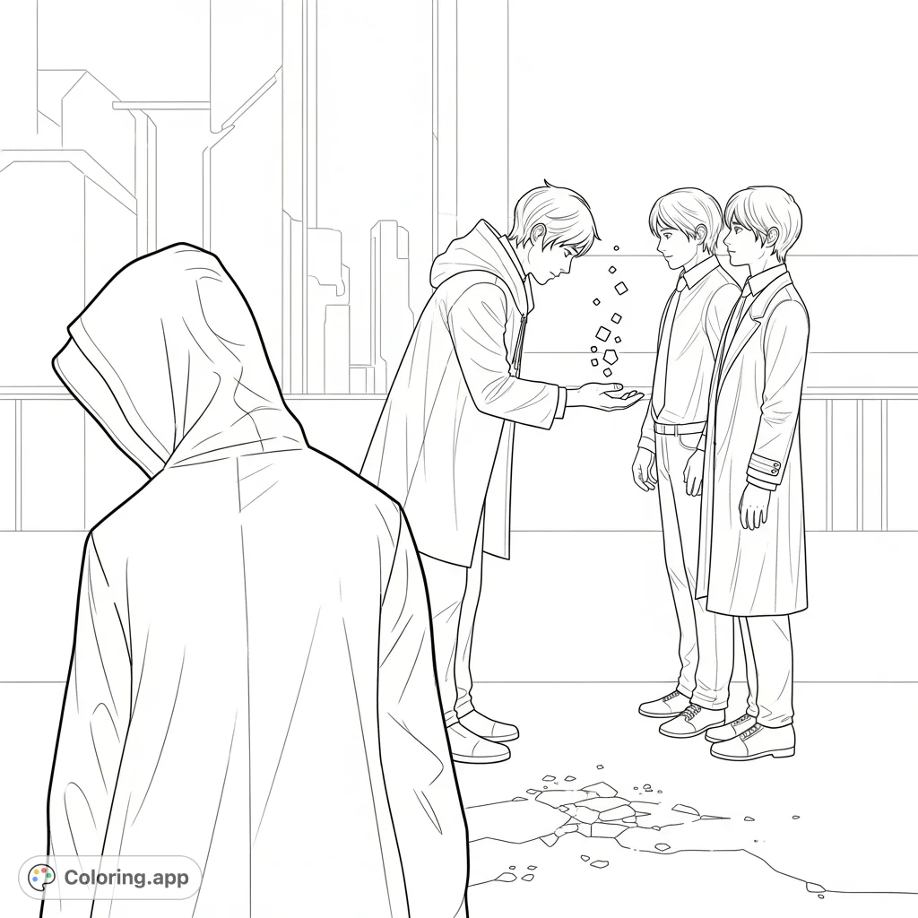 Explore the complexities of connection and trust with this unique coloring page. Three figures depict a moment of shared secrets and personal reflection.