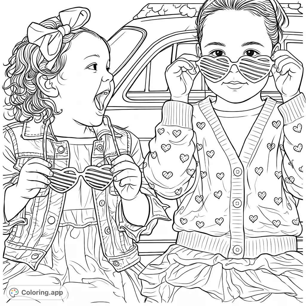 Two joyful girls, one with shutter glasses, the other with heart shades, pose in front of a vintage car. A delightful scene for creative coloring fun.