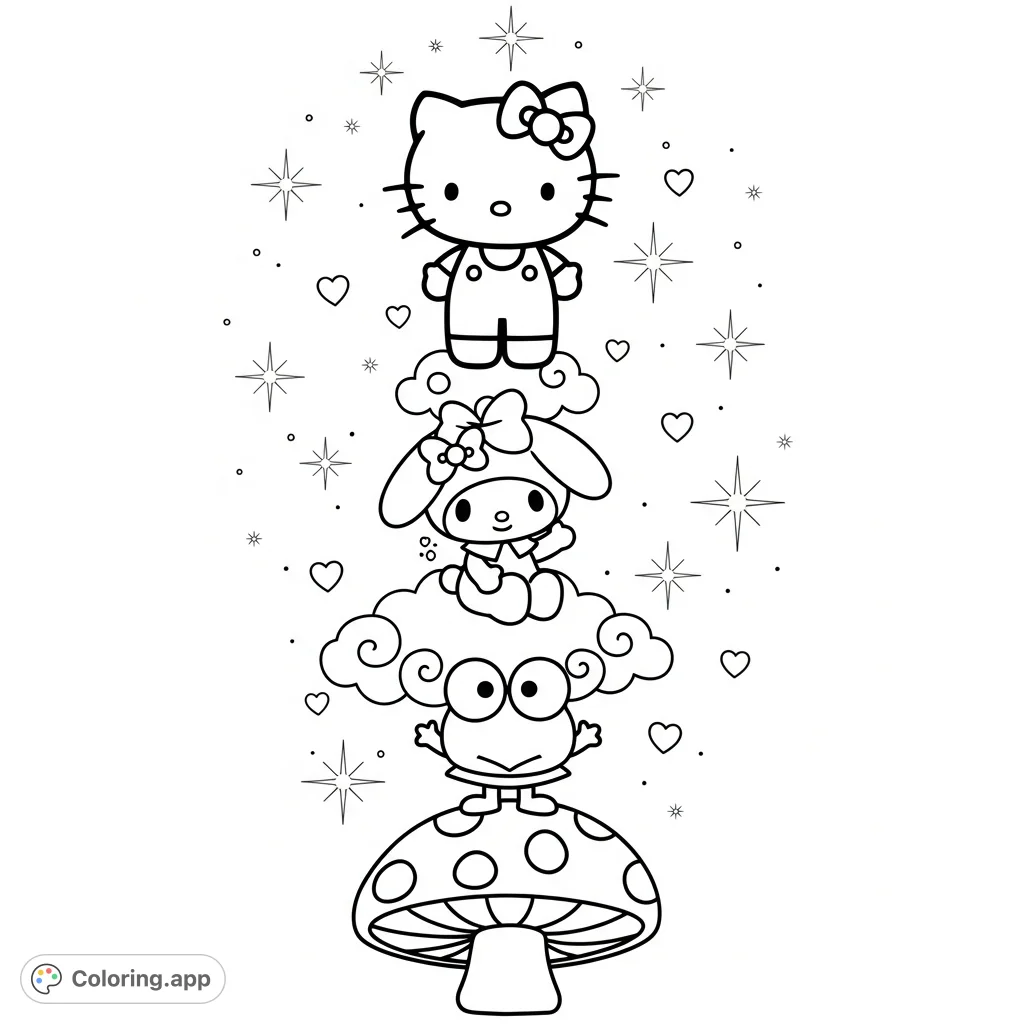 A delightful vertical stack featuring Hello Kitty, My Melody, and Keroppi amidst clouds, stars, and hearts. A whimsical Sanrio Friends coloring page perfect for fans!