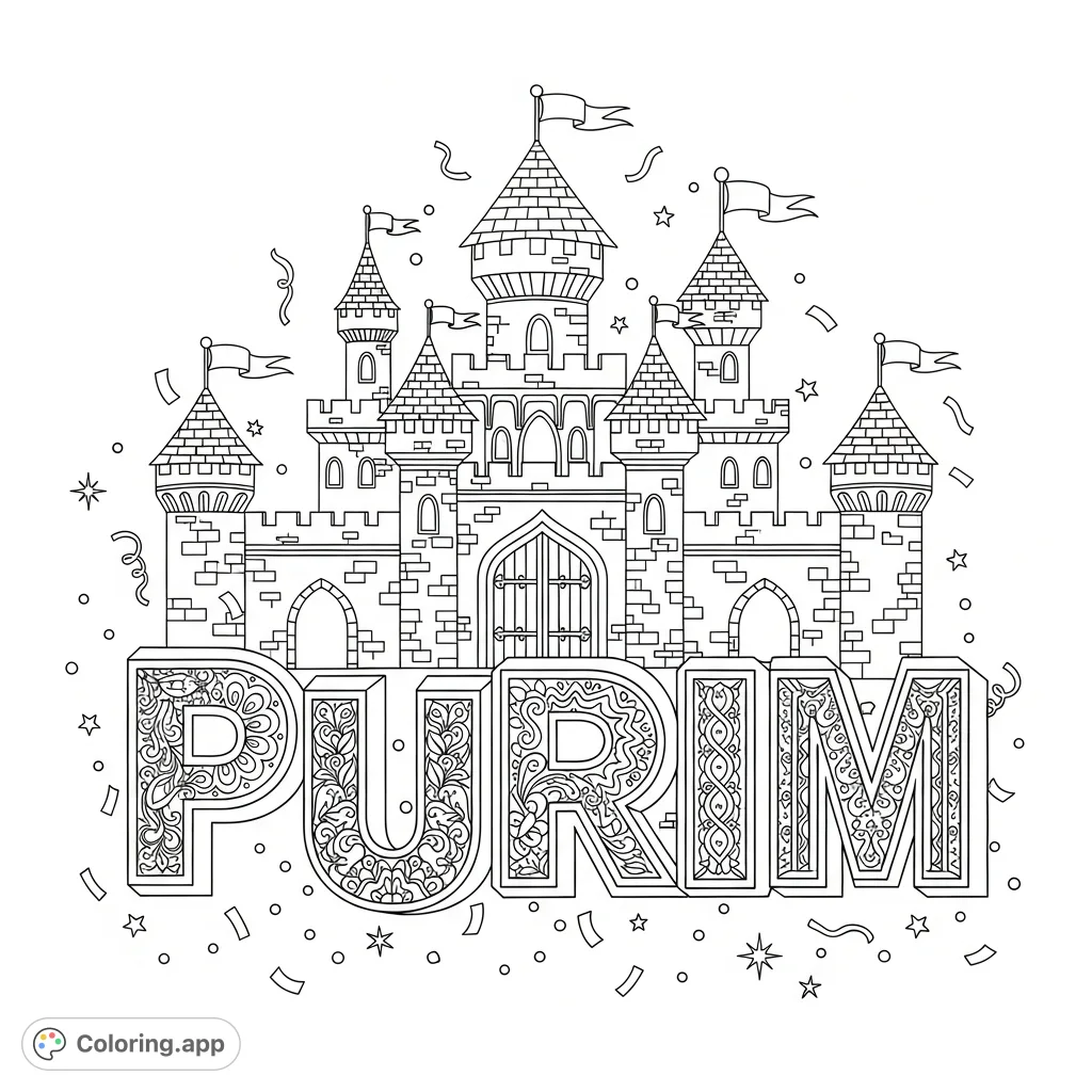 A festive Purim coloring page featuring ornate 'PURIM' letters encircled by a grand castle, complete with festive details. Perfect for holiday fun!