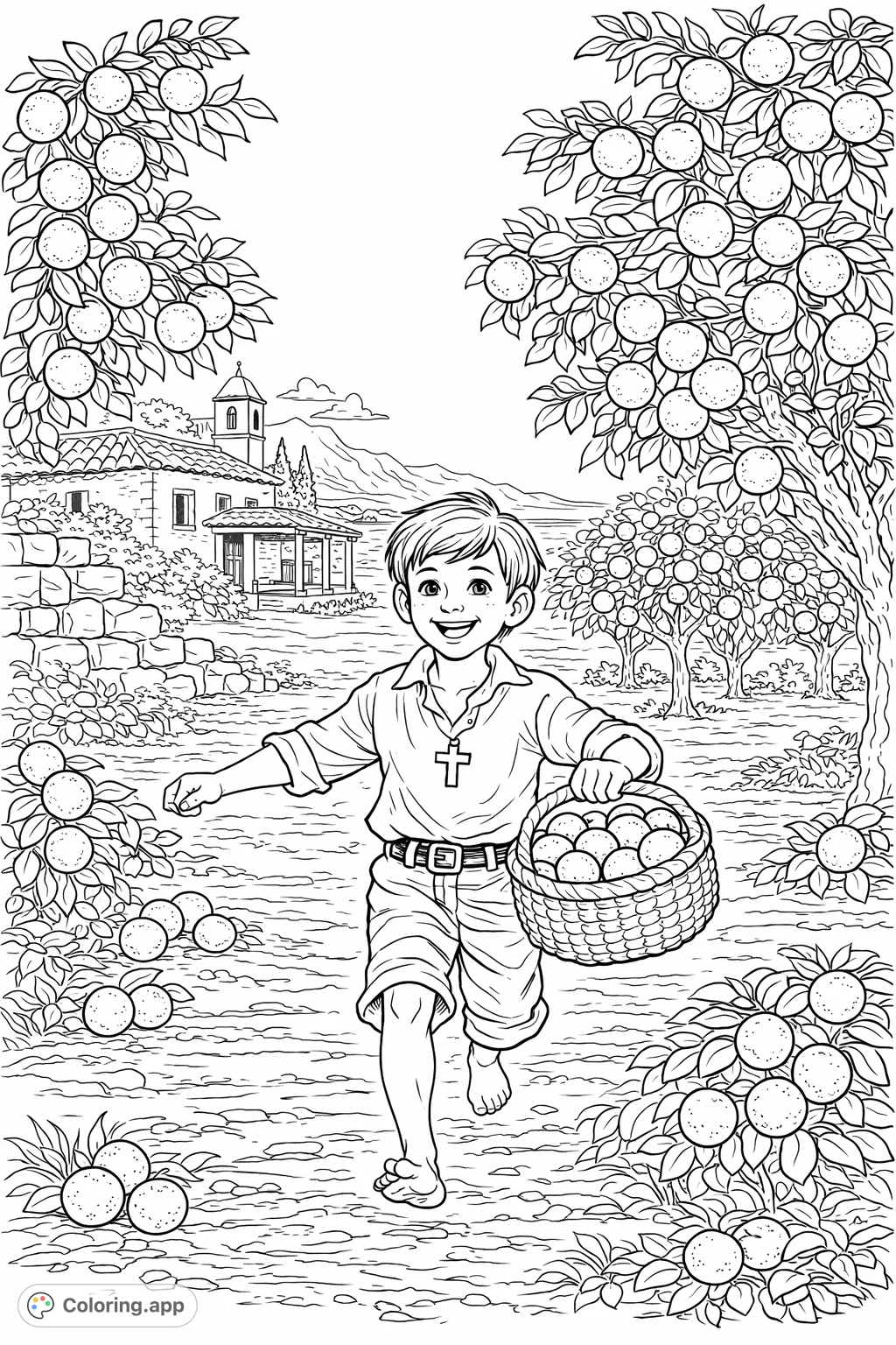 A cheerful boy runs barefoot through a vibrant fruit orchard, carrying a full basket of ripe produce. Distant village, serene water, and majestic mountains complete the idyllic scene.