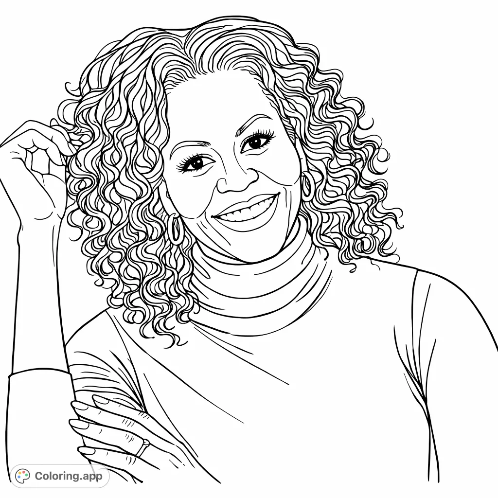 An elegant portrait of an inspirational woman, featuring her warm smile, voluminous curly hair, and expressive pose, perfect for a thoughtful coloring experience.
