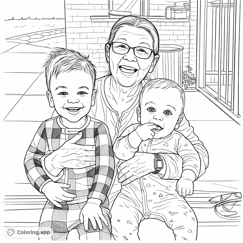 Capture a heartwarming family moment: a joyful grandparent holding two smiling young children. Features intricate patterns and a detailed background.