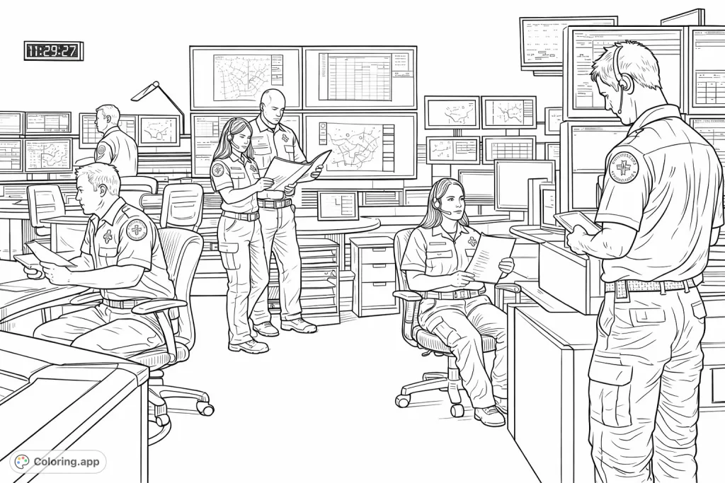 Color a bustling emergency control room scene with dedicated operators at their stations, surrounded by screens and vital communication equipment. A tribute to essential services.