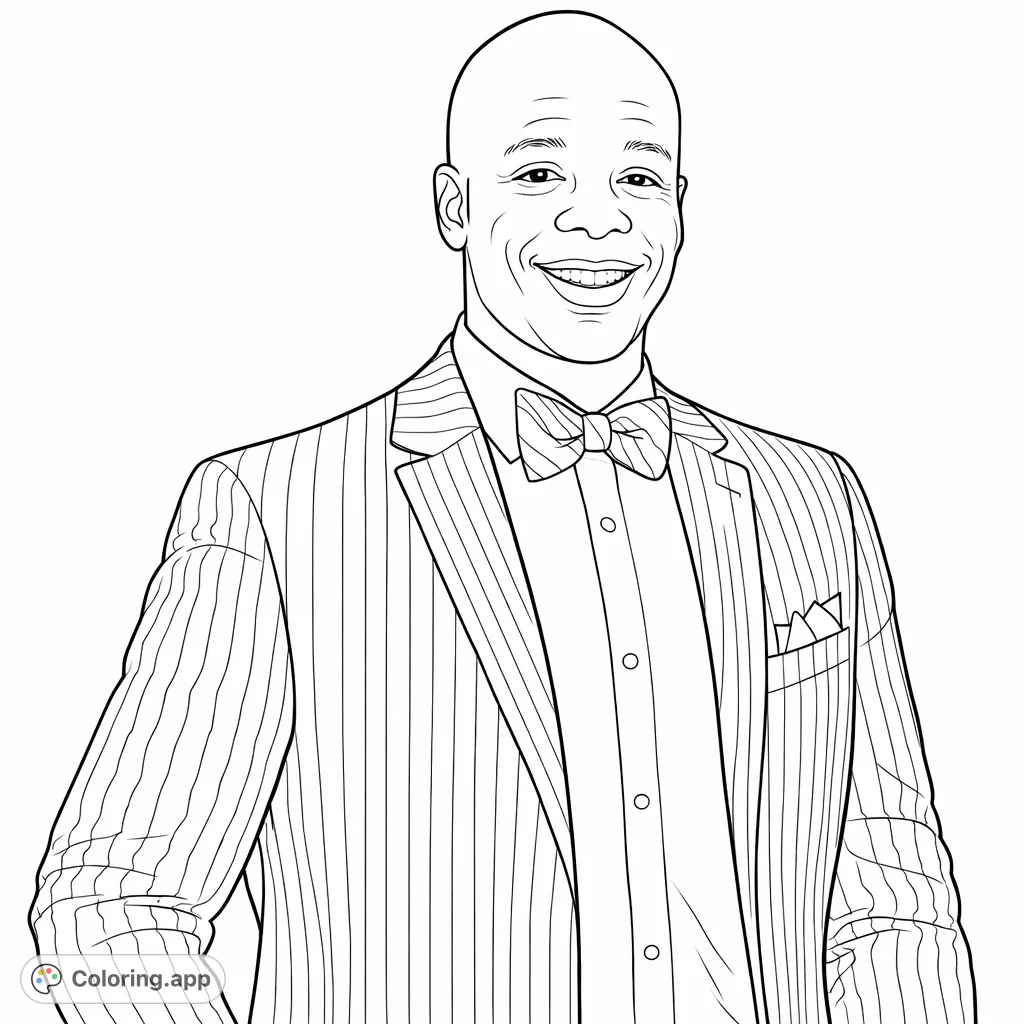 A smiling man in a distinguished pinstripe suit, patterned bow tie, and crisp shirt, offering a sophisticated portrait ready for creative coloring.