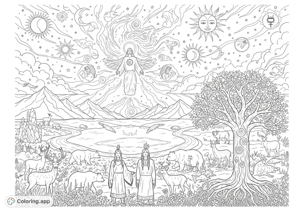 Explore the Native American interpretation of creation, from the forming of the world to the first humans amidst sacred symbols and abundant nature.