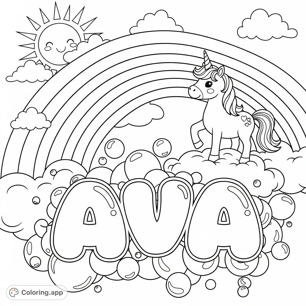A delightful coloring page featuring the name AVA in bubbly letters, surrounded by a cheerful unicorn, whimsical bubbles, a vibrant rainbow, and a smiling sun.